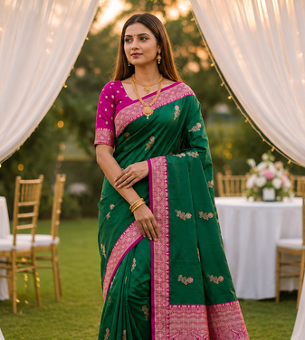 Emerald Color Zari Weaving Work Silk Saree