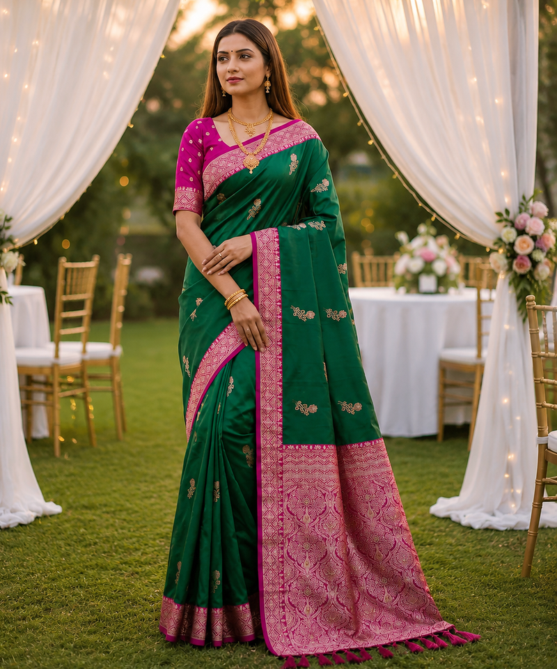 Emerald Color Zari Weaving Work Silk Saree
