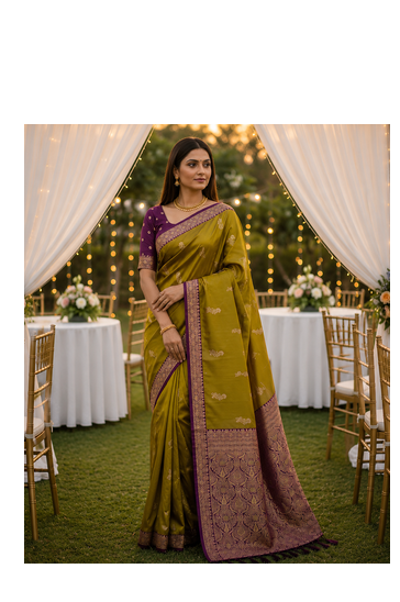 Olive Color Zari Weaving Work Silk Saree 1