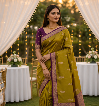 Olive Color Zari Weaving Work Silk Saree