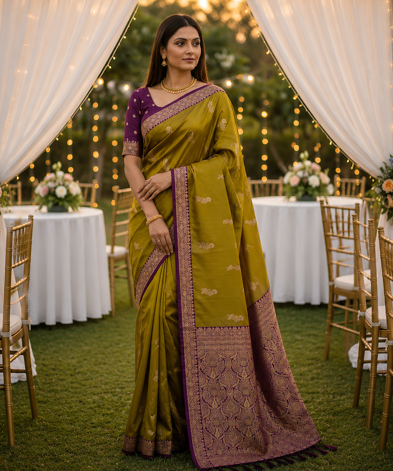 Olive Color Zari Weaving Work Silk Saree