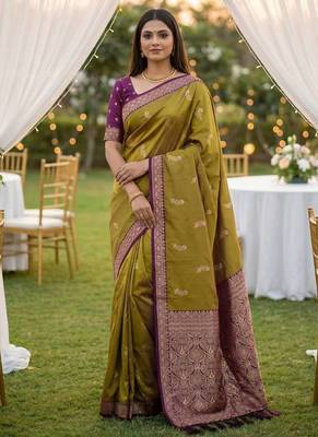 Olive Color Zari Weaving Work Silk Saree 2
