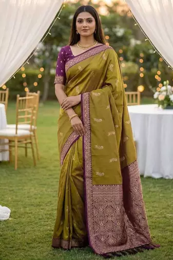 Olive Color Zari Weaving Work Silk Saree