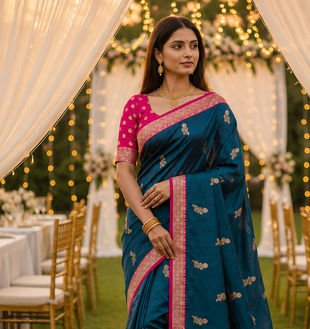 Peacock Blue Color Zari Weaving Work Silk Saree