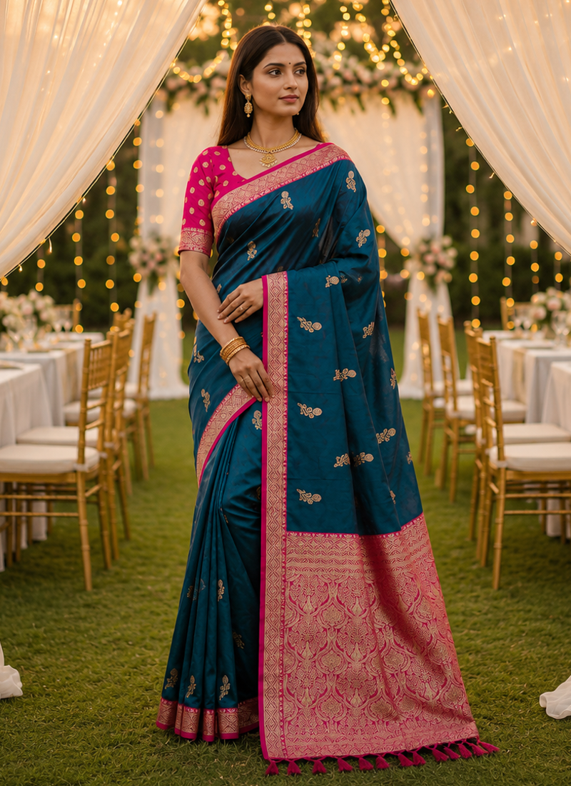 Peacock Blue Color Zari Weaving Work Silk Saree
