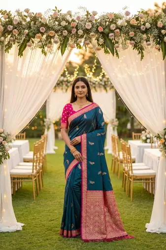 Peacock Blue Color Zari Weaving Work Silk Saree