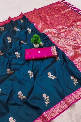 Peacock Blue Color Zari Weaving Work Silk Saree