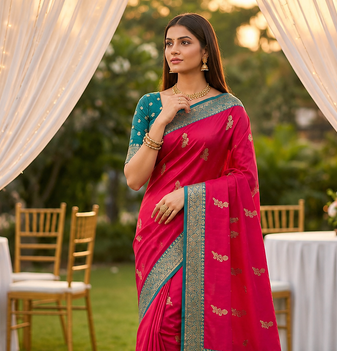 Pink Color Zari Weaving Work Silk Saree