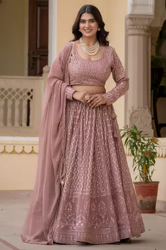 Mauve embroidered georgette premium lehenga choli set