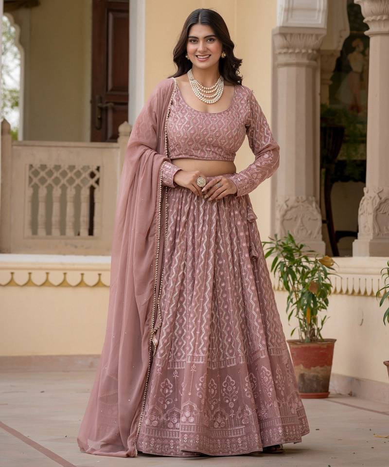 Mauve embroidered georgette premium lehenga choli set