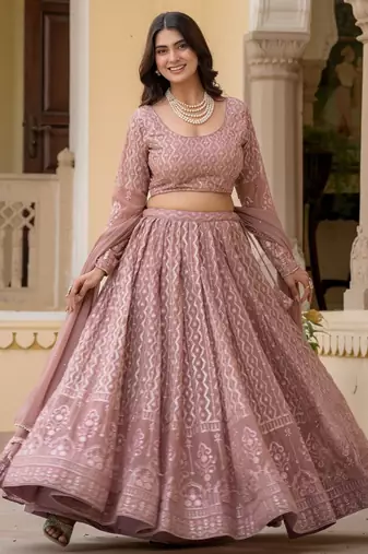 Mauve embroidered georgette premium lehenga choli set