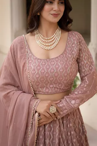 Mauve embroidered georgette premium lehenga choli set