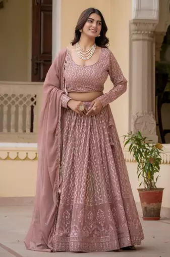 Mauve embroidered georgette premium lehenga choli set
