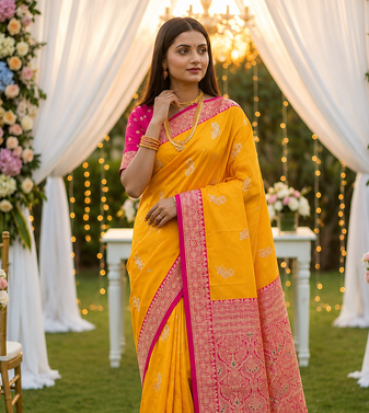 Yellow Color Zari Weaving Work Silk Saree