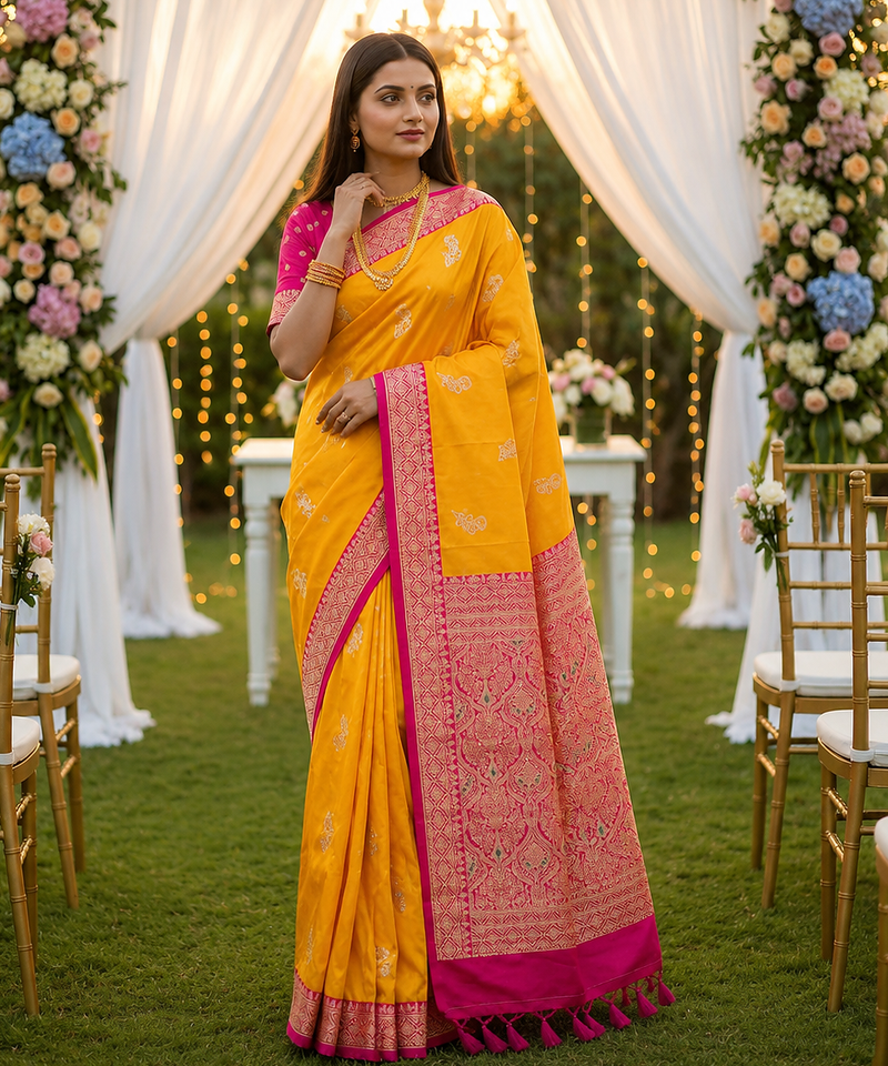 Yellow Color Zari Weaving Work Silk Saree