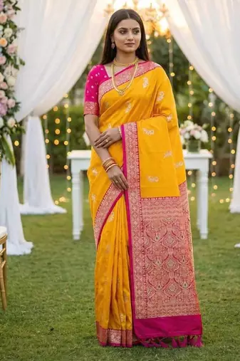 Yellow Color Zari Weaving Work Silk Saree