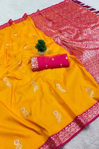Yellow Color Zari Weaving Work Silk Saree