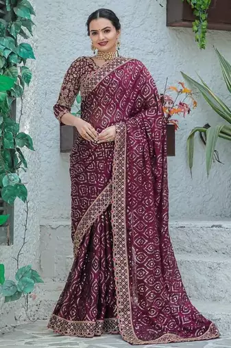 wine sequin embroidered georgette saree with blouse