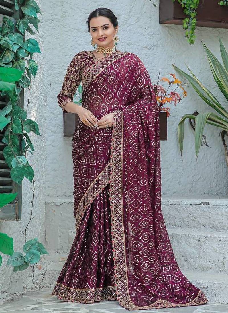 wine sequin embroidered georgette saree with blouse
