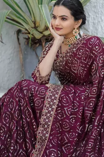 wine sequin embroidered georgette saree with blouse