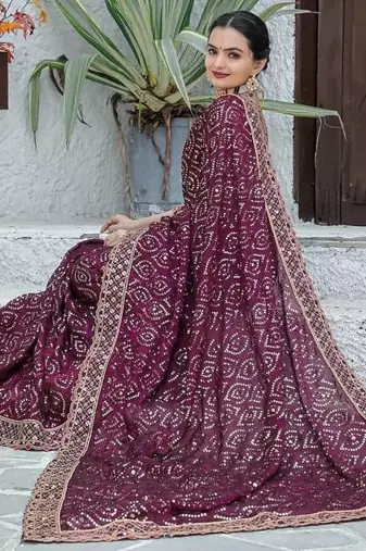 wine sequin embroidered georgette saree with blouse