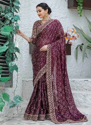 wine sequin embroidered georgette saree with blouse 4
