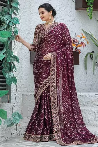 wine sequin embroidered georgette saree with blouse
