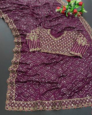 wine sequin embroidered georgette saree with blouse 5