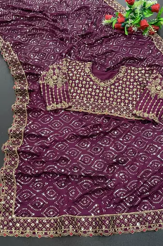 wine sequin embroidered georgette saree with blouse
