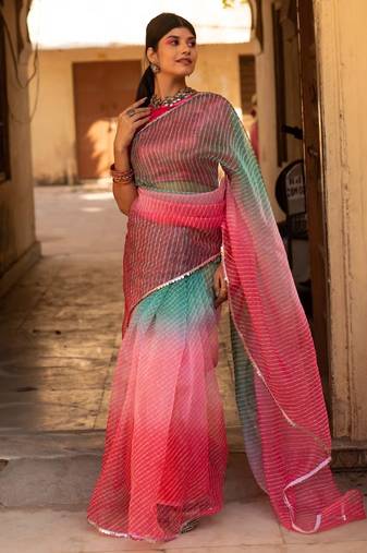 Pink laheriya, ombre soft organza silk bollywood saree with blouse