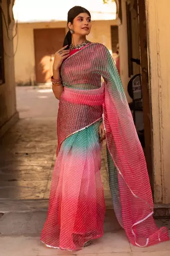 Pink laheriya, ombre soft organza silk bollywood saree with blouse