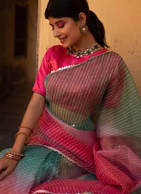 Pink laheriya, ombre soft organza silk bollywood saree with blouse 2