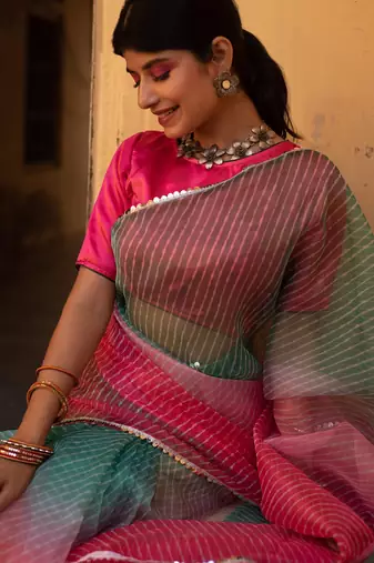 Pink laheriya, ombre soft organza silk bollywood saree with blouse