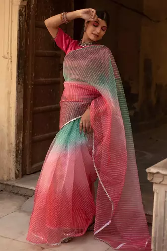 Pink laheriya, ombre soft organza silk bollywood saree with blouse
