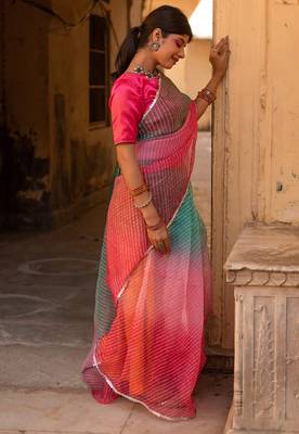 Pink laheriya, ombre soft organza silk bollywood saree with blouse 4