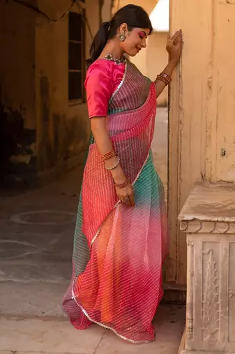 Pink laheriya, ombre soft organza silk bollywood saree with blouse