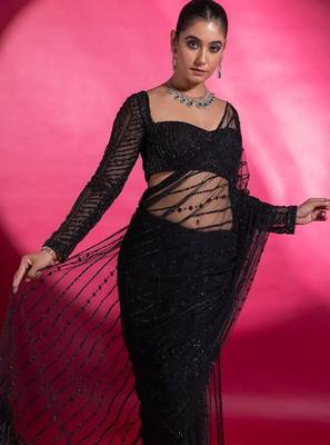 black sequin embroidered thread work nylone butterfly net saree with blouse 1