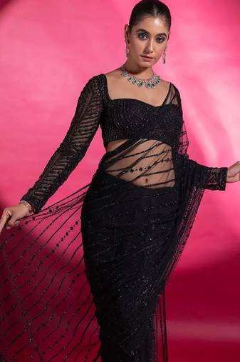 black sequin embroidered thread work nylone butterfly net saree with blouse