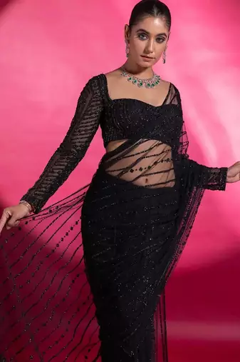 black sequin embroidered thread work nylone butterfly net saree with blouse