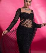 black sequin embroidered thread work nylone butterfly net saree with blouse