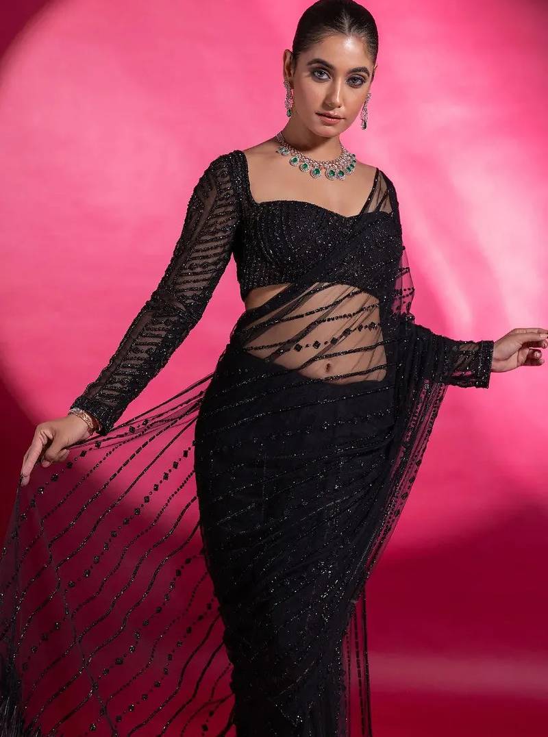 black sequin embroidered thread work nylone butterfly net saree with blouse
