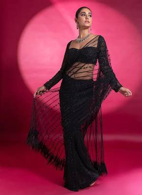 black sequin embroidered thread work nylone butterfly net saree with blouse 2