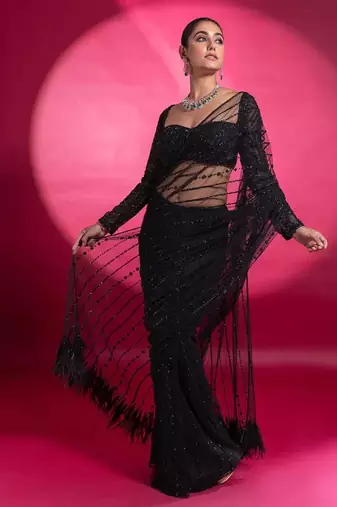 black sequin embroidered thread work nylone butterfly net saree with blouse