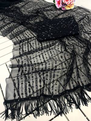 black sequin embroidered thread work nylone butterfly net saree with blouse 3