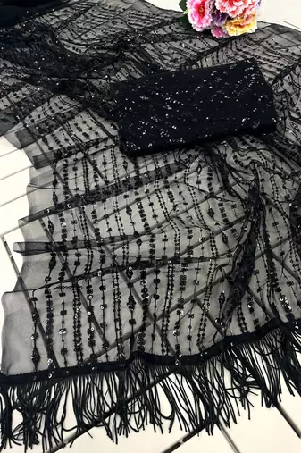 black sequin embroidered thread work nylone butterfly net saree with blouse