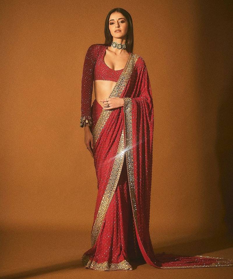 red sequin embroidered thread work georgette saree with blouse