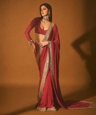 red sequin embroidered thread work georgette saree with blouse 3