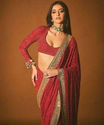 red sequin embroidered thread work georgette saree with blouse 4