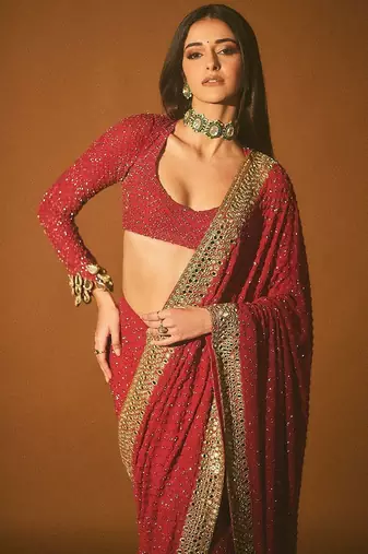red sequin embroidered thread work georgette saree with blouse