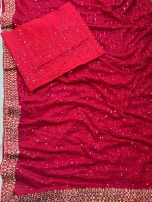 red sequin embroidered thread work georgette saree with blouse 5